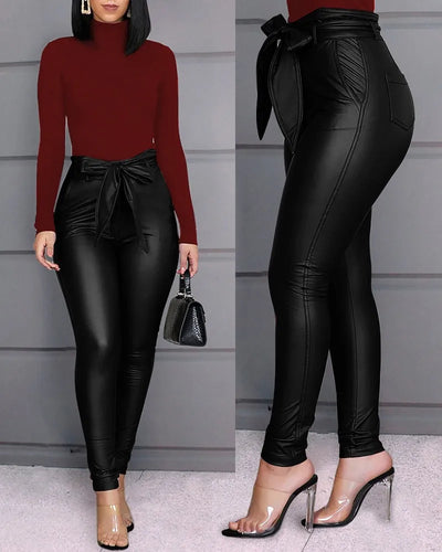 Women Belted Leather Pants