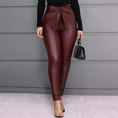 Women Belted Leather Pants