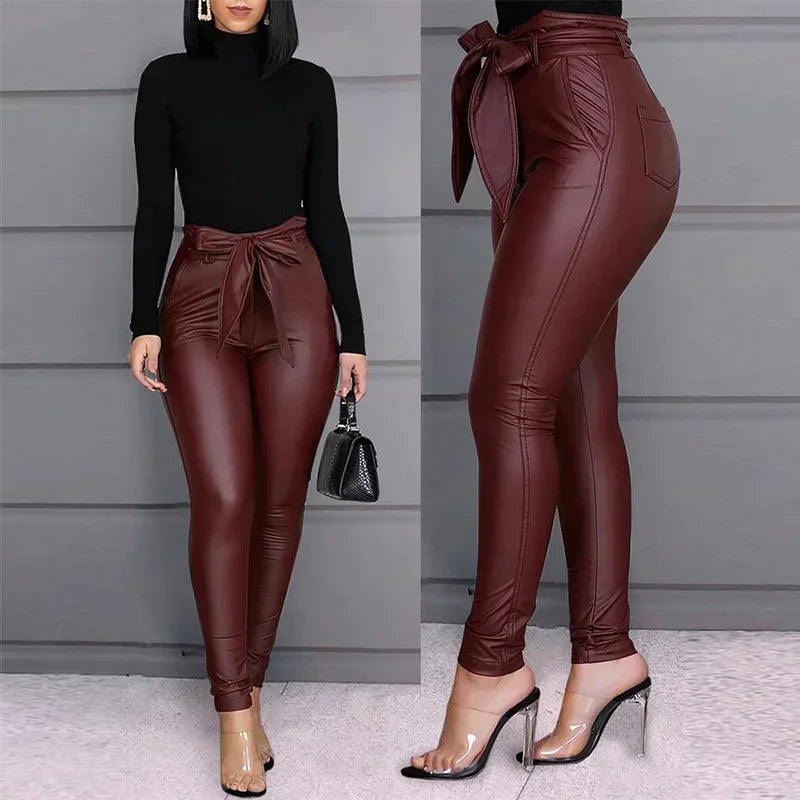 Women Belted Leather Pants